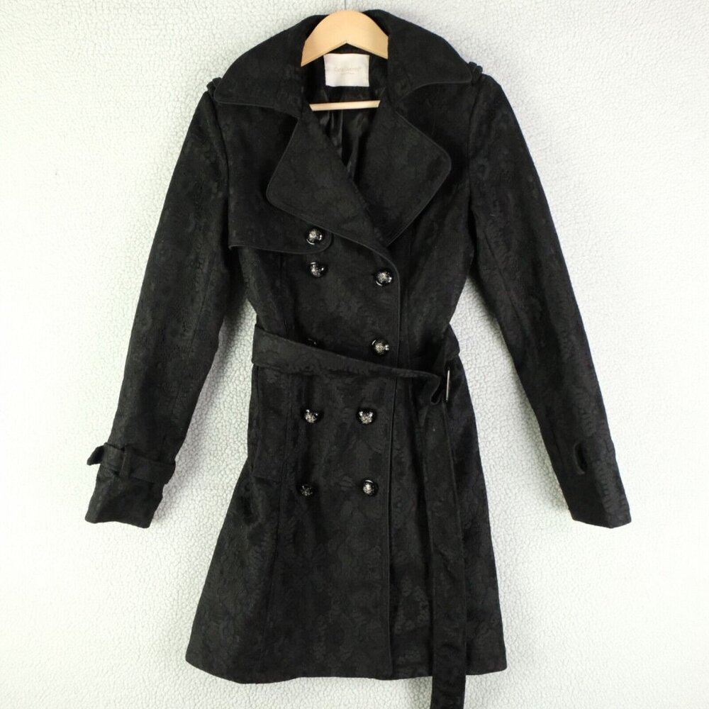 Carla Giannini Trench Coat Womens Small Black Double Breasted Floral Belted